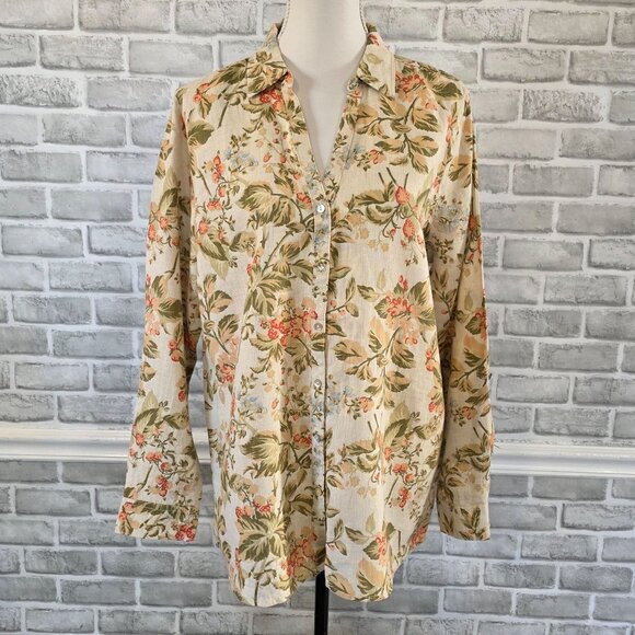 Vintage Laura Ashley Linen Floral  Button Front Top L/S Prairie Cottage Large - Picture 1 of 8